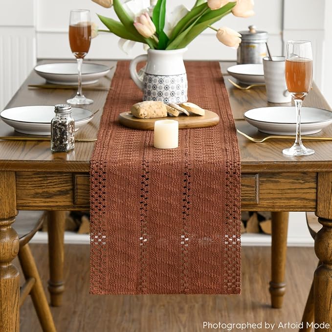 Artoid Mode Caramel Woven Farmhouse Hollow Table Runner 12x108 Inch | Holiday - Image 2