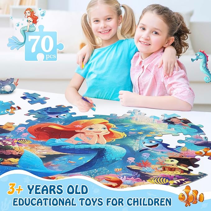 Floor Puzzles for Kids Ages 3-5, 70 Pieces Mermaid Jigsaw Puzzle for Toddler Girls Ages 3 4 5 6 7 8 Year Old, Large Round Underwater Princess Puzzle Educational Learning Toys Birthday Gift
