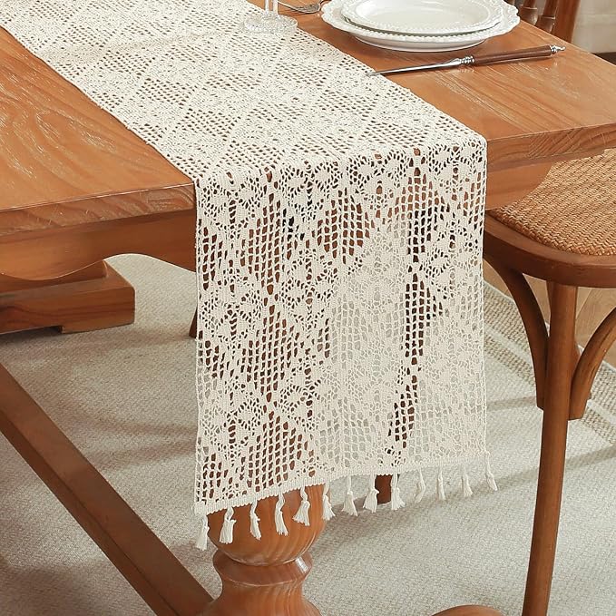 meioro Crochet Lace Table Runner, 12x56 Inch Boho Cotton Table Runners by meioro