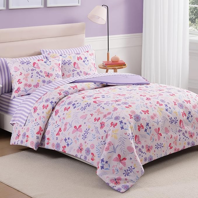 Full Size Comforter Sets with Sheets for Girls-7 Pieces Full Size Bedding Sets with Pink Comforter, Sheets, Pillowcases & Shams for Kids (Cute Botanical Flowers, 76" X 86")