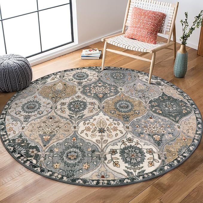 Lahome Moroccan Washable Round Rugs, Soft Vintage Round Rug 4ft, Distress by Lahome