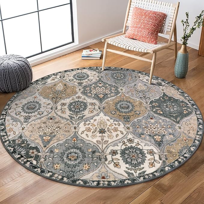 Lahome Moroccan Washable Round Rugs, Soft Vintage Round Rug 4ft, Distress by Lahome