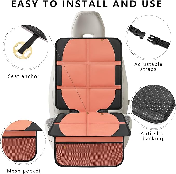 Car Seat Protector for Child, 2 Pack Covers with Mesh Pockets & Non-Slip Backing, 600D Durable Under Seat for Back (Orange, Large)