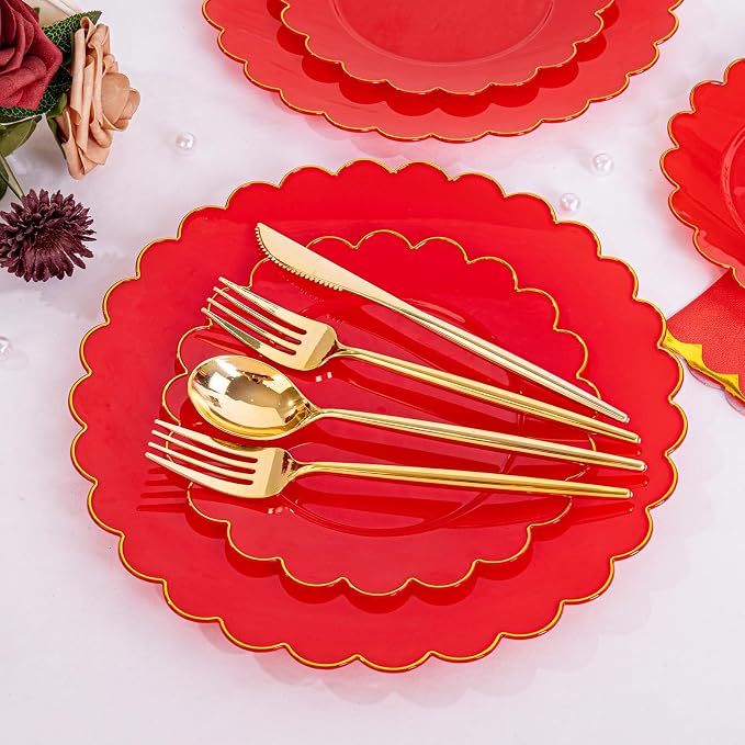 LIYH 210pcs Red Gold Scalloped Plastic Plates, Elegant Party Dinnerware | Heavy - Image 4