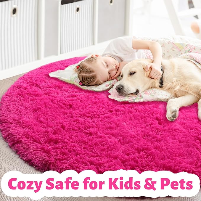 Hot Pink Round Rug 4Ft for Girls Bedroom, Fluffy Circle Area Rugs for Kids Room - Image 2