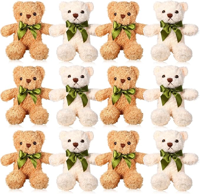 HyDren 12 Pack Bear Stuffed Animals 10 Inch Operation Christmas Bulk Items Small Bear Party Favors Plush Toys for Baby Shower Centerpiece Christmas Birthday Gifts(White, Light Brown)