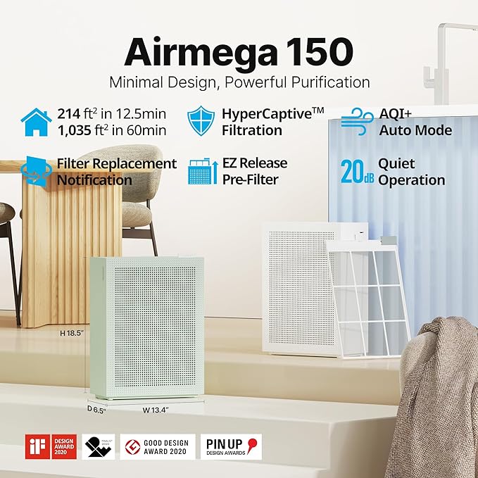 COWAY Air Purifiers for Home Bedroom up to 1,035ft² with Washable Filter, True HEPA Filter for Smoke, Pollen, Dander, Smell Air Purifier with Air Quality Monitor, Auto Mode, 3yr Warranty, 150, White