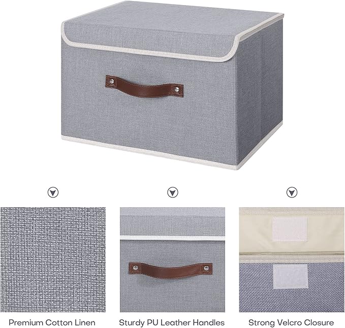 ANMINY Storage Bin with Lid Storage Boxes with PU Leather Handles PP Plastic Board Decorative Foldable Lidded Cotton Linen Fabric Home Cubes Baskets Closet Organizer Container - Gray, Large Size