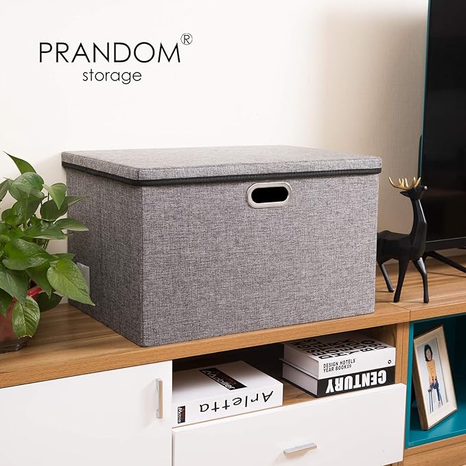 PRANDOM Extra Large Collapsible Storage Bins with Lids [5-Pack] Linen Fabric Foldable Storage Baskets Boxes Organizer Containers Cube with Cover for Bedroom Closet Office Nursery (22.8x15.75x13.8)