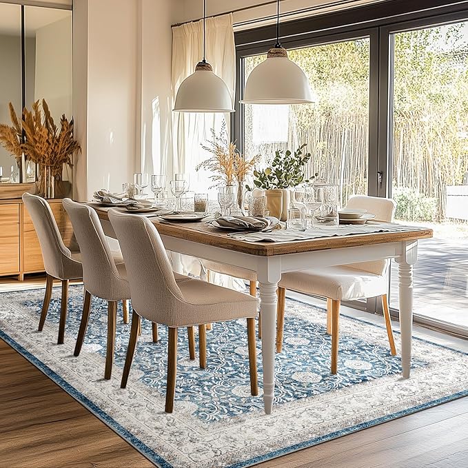 jinchan Floral 6x9 Area Rugs for Living Room - Machine Washable Vintage Distressed Boho Design Throw Rug Stain Resistant Carpet Low-Pile Thin Non-Slip for Bedroom Dining Room Nursery (6‘x9',Dark Blue)