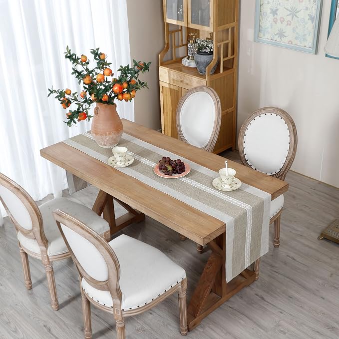 NEWISHER Farmhouse Braided Striped Embroidery Table Runner 90 inches, Rustic - Image 3
