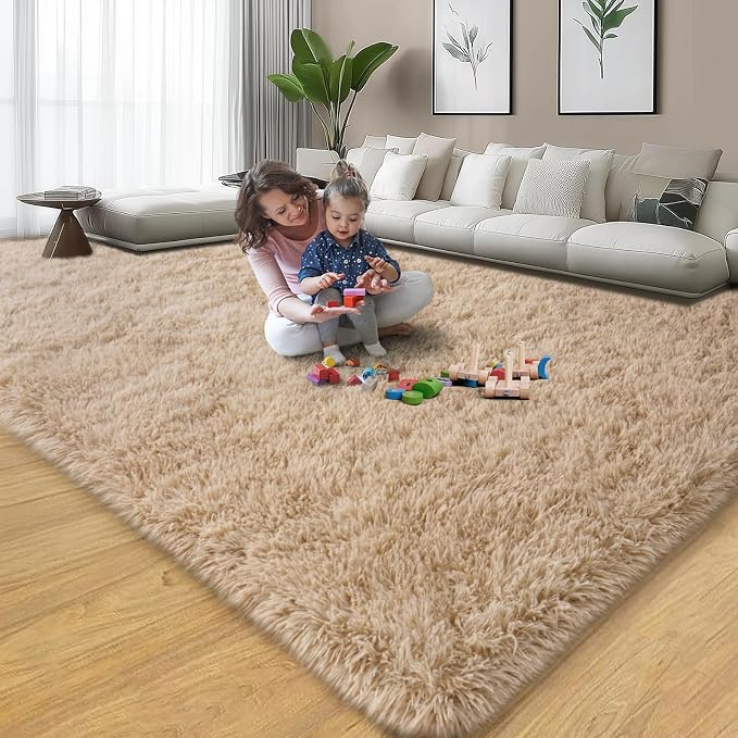 qulint Tan Rug for Living Room, Fluffy Shag 6x9 Area Rug for Bedroom Soft - Image 7