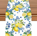 Lemon and Blue Floral Table Runner | Linen Texture Fabric, Easy Care Machine by Unknown