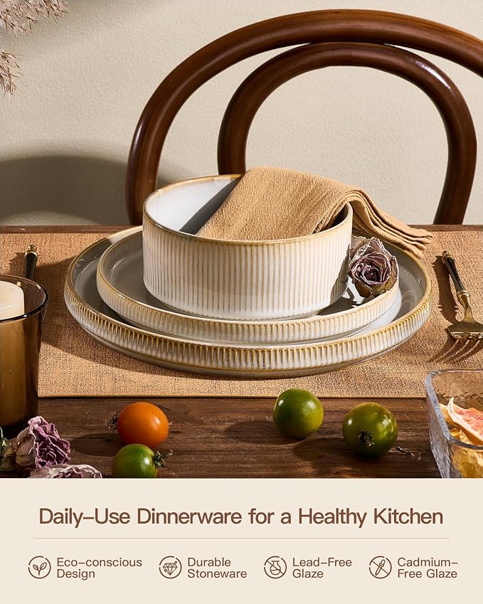 Ceramic Dinnerware Set for 4, 8-Piece Deep Salad Plates and Cereal Bowls | - Image 6