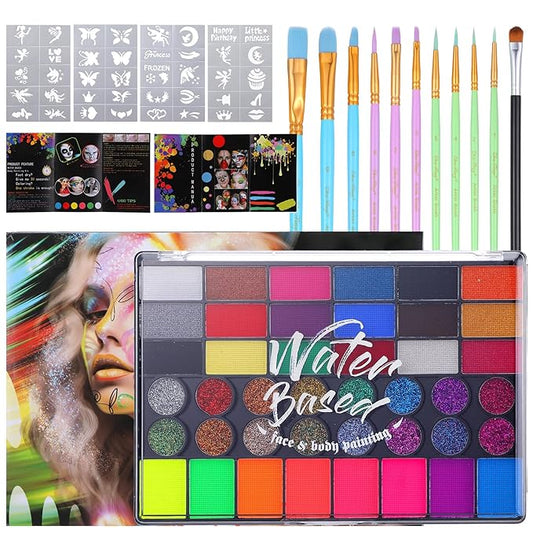 42 Color Face Painting Kit for Kids - Water Based, Non Toxic Face paint palette with Art Brushes, Stencils, Gems - For Halloween, Carnival, Costume Makeup, Parties & Cosplay