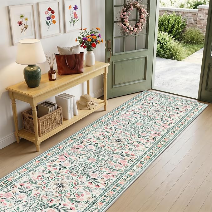 Runner Rug for Entryway: 3x10 Kitchen Rugs Floral Washable Rug Green/Beige | - Image 2