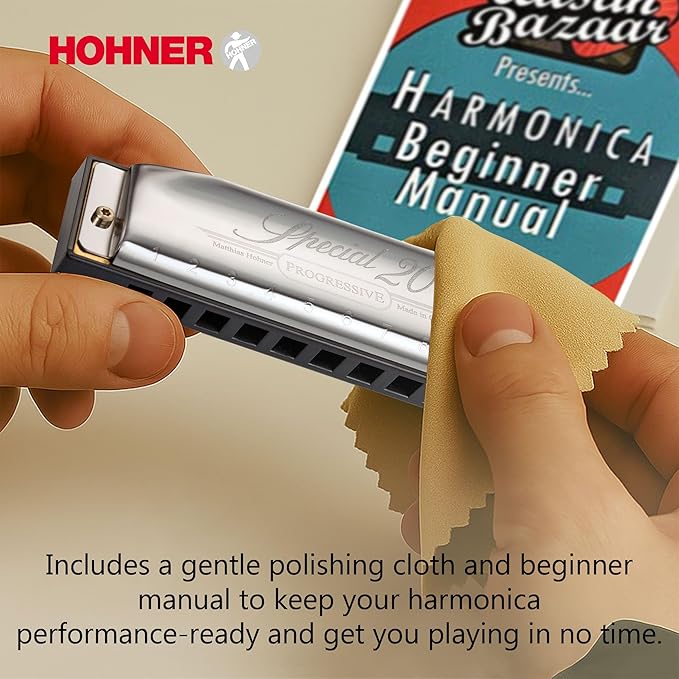 Hohner Special 20 Harmonica - Key of C Bundle with Zip Case, Instructional Manual, and Austin Bazaar Polishing Cloth