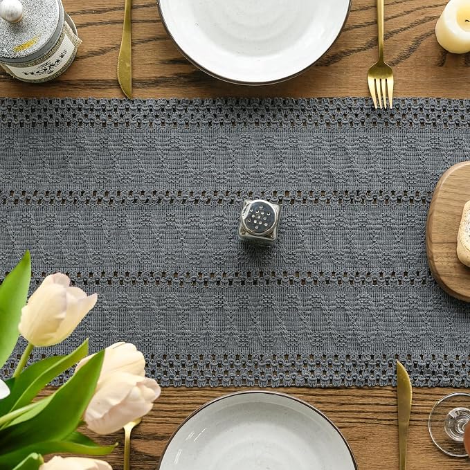 Artoid Mode Dark Grey Woven Farmhouse Hollow Table Runner 12x72 Inch | Holiday - Image 4