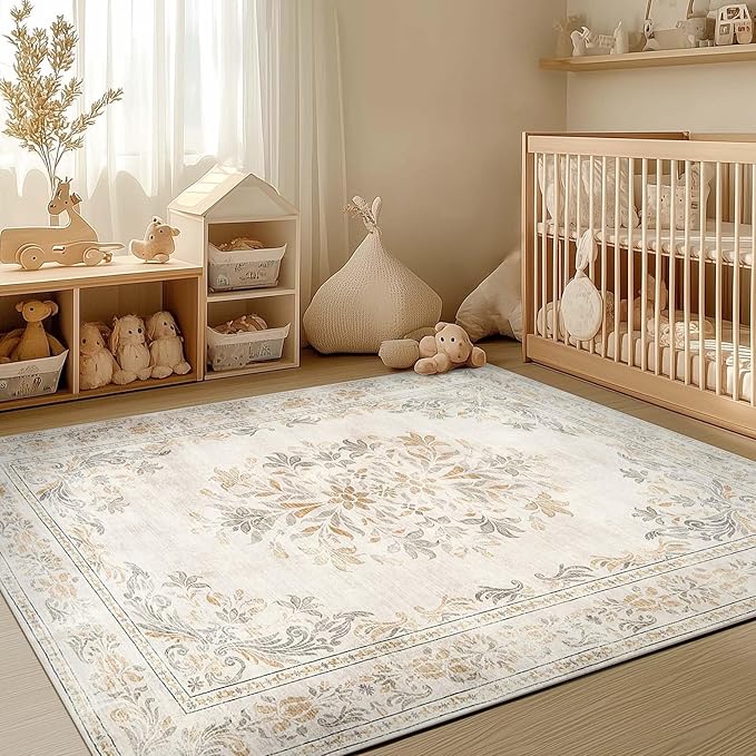 jinchan Vintage Floral 5x7 Area Rugs - Machine Washable Distressed Design Soft Ultra-Thin Low-Pile Non-Slip Carpet for Kitchen Bedroom Nursery Living Room Dining Room Home Office (5x7ft,Light Grey)