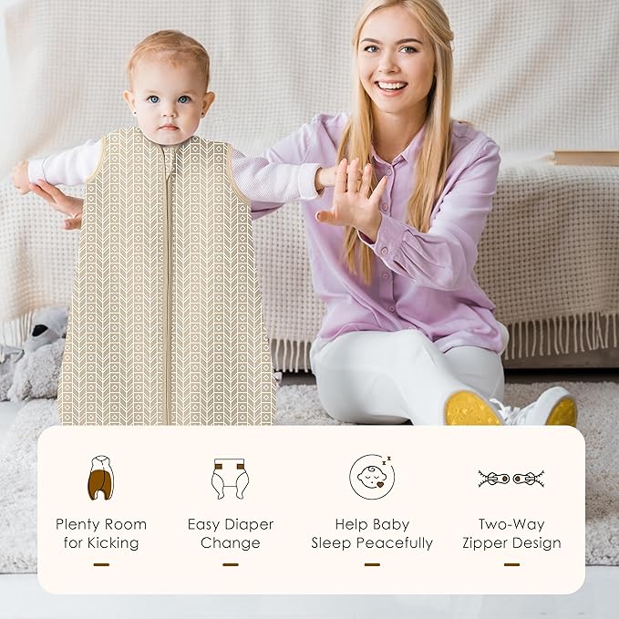 SWEET DOLPHIN Baby Sleep Sack 6-12 Months - 100% Cotton 2-Way Zipper TOG 0.5 Infant Wearable Blanket, Newborn Essentials Toddler 3 Pack Sleeping Sacks - Brown