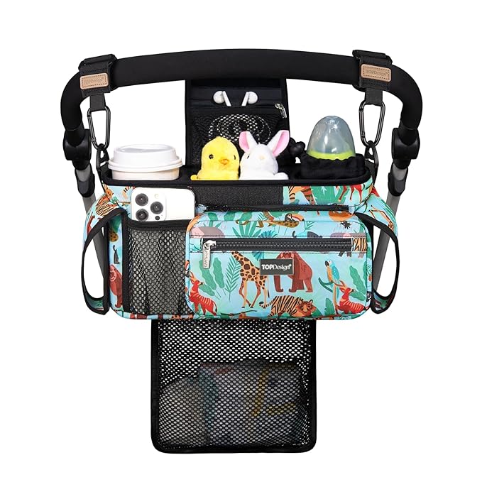 TOPDesign Universal Baby Stroller Organizer, Stroller Caddy with Detachable Mesh Bag & Heightened Insulated Cup Holders & Non-Slip Secure Hooks Accessories, Fits Most Strollers (Tropical Rainforest)