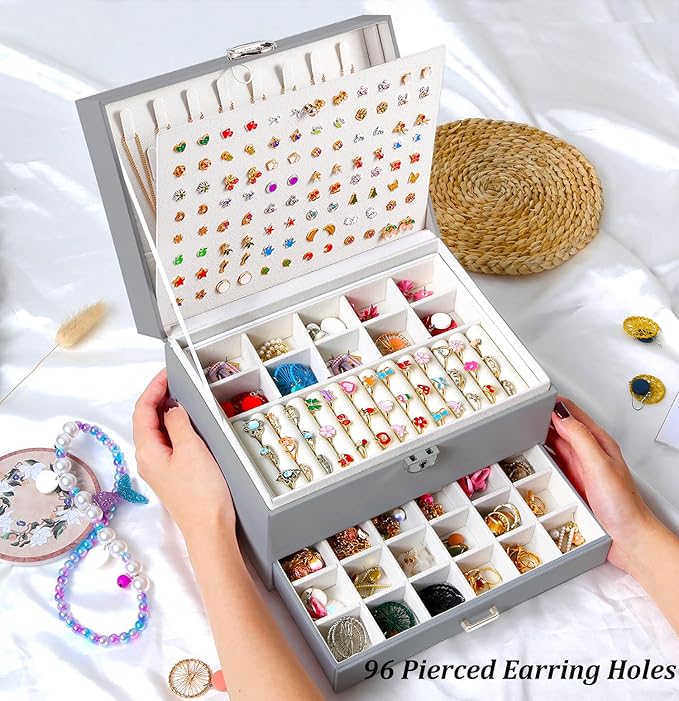 Earring Jewelry Box for Women Girls Stud Organizer, 5 Layers Grey Jewelry Organizer Box With Lock Earring Holder Organizer Ring and Necklace Jewelry Box with Earrings Holder for Women Girls