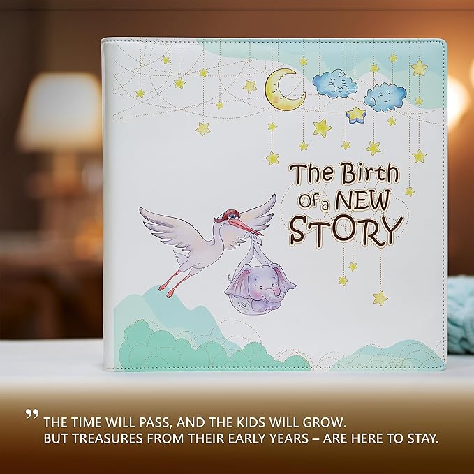 Leather-Bound Baby Memory Book Boy Girl - Beautiful Baby Scrapbook Album with Monthly Milestone Stickers | Loose-Leaf Elephant Baby Book Memory Keepsake Journal for Newborns