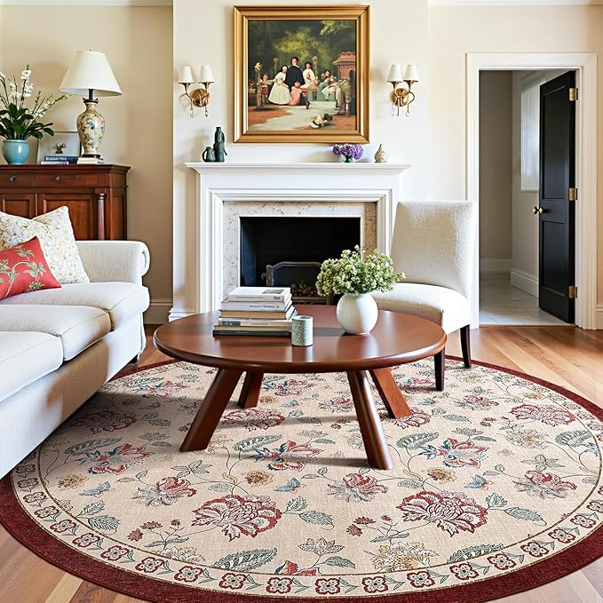 jinchan 8ft Floral Round Rug for Dining Room Washable Living Room Rug Vintage Romance Design Non Slip Indoor Floor Cover Lightweight Low-Profile Throw Carpet for Bedroom Porch Patio, Red/Beige