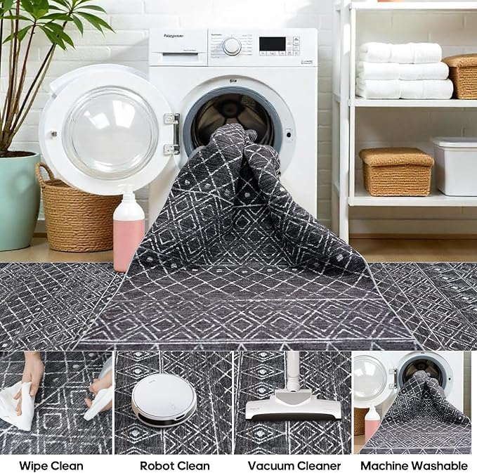 Black Non Slip Moroccan 3x4 Washable Area Rug | Soft Stain-resistant Mat - Image 6