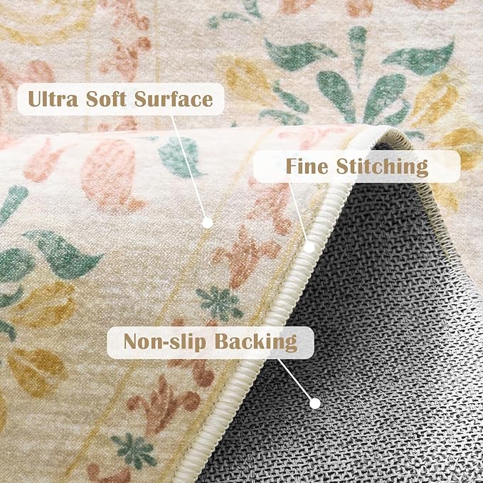 jinchan Round Rug 7ft Area Rugs,Vintage Floral Distressed Design Machine Washable Soft Non-Slip Low-Pile Ultra-Thin Circle Rug for Living Room Dining Room Bedroom Home Office (7' Round,Apricot Multi)