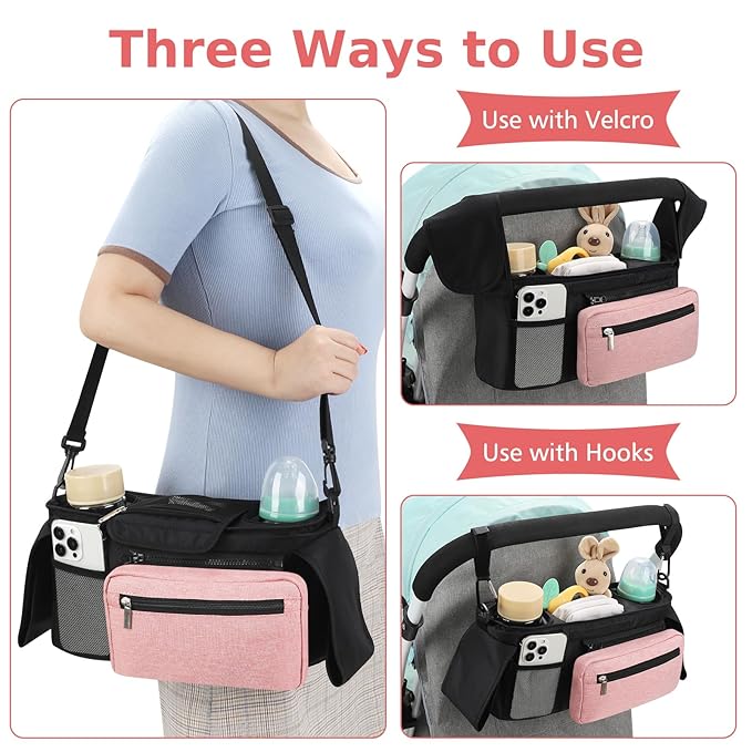 Accmor Universal Stroller Organizer with Insulated Cup Holder Detachable Phone Bag and Shoulder Strap,Stroller Bag Caddy Organizer Fits for Uppababy, Baby Jogger, Britax Strollers