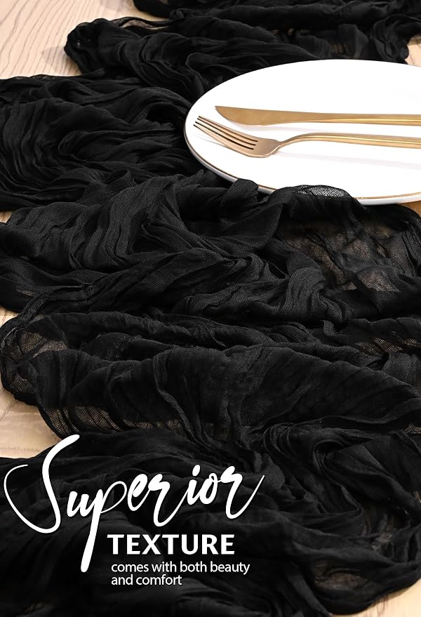 Showgeous 2 Pack Black Cheesecloth Table Runners Boho Wedding Decor | Rustic - Image 4
