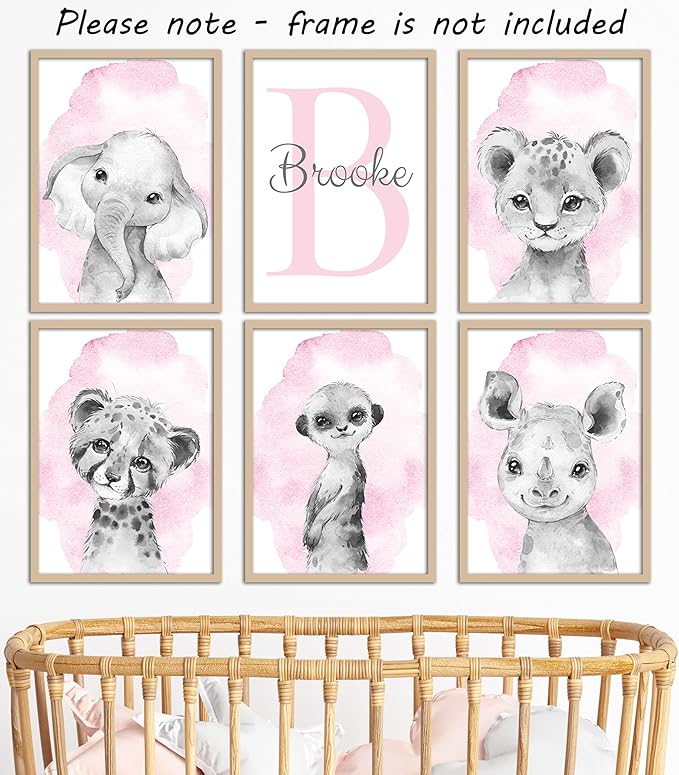 Safari Animals Set of 6 Unframed Poster Prints for Baby Girls Nursery Bedroom Playroom, Personalized Name, Choice of 12 Animals, Pink Purple (9x12)