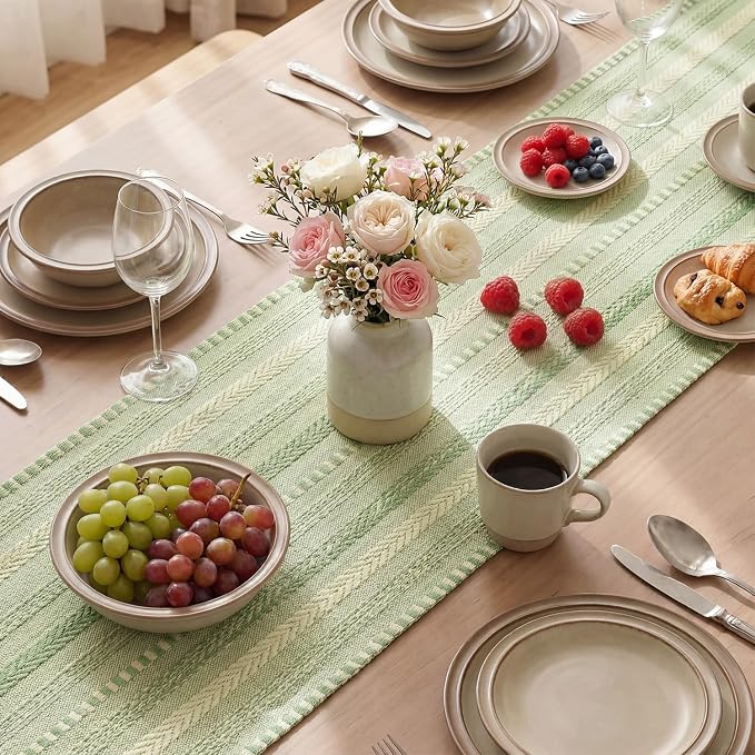 Artoid Mode Sage Green Farmhouse Stripe Braided Table Runner 12x108 Inch | - Image 4