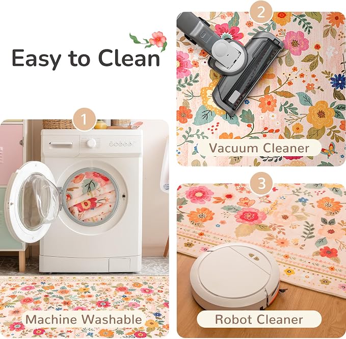 2x3 Area Rugs for Living Room Vacuum-Friendly Machine Washable Area Rug Flower - Image 3