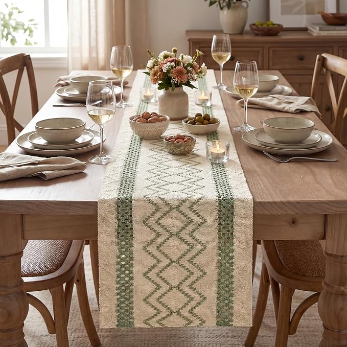 Artoid Mode Sage Green Stripe Diamond Woven Table Runner 12x108 Inch | Holiday - Image 2