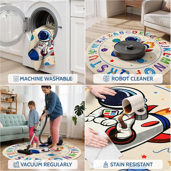 Washable Alphabet ABC Round Rug 3.14ft, Kids Astronaut Space Circle Carpet - Image 6