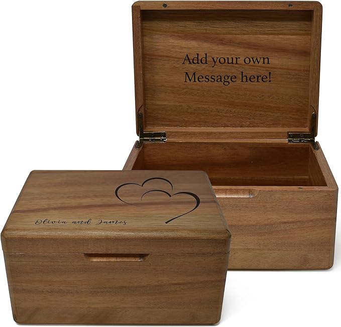 Keepsake Box for Wedding Anniversary - Customized Keepsake Box Engraved Connected Hearts with Names, 5 Years Anniversary, Acacia Wood Decorative Custom Memory Boxes, Surprise Love Message, 8x6x4 in