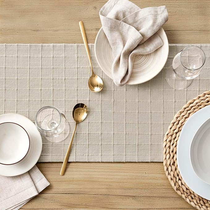 Artisanal Grid Linen Table Runner, 13x60 Inches Neutral Beige | Heavy Textured - Image 5