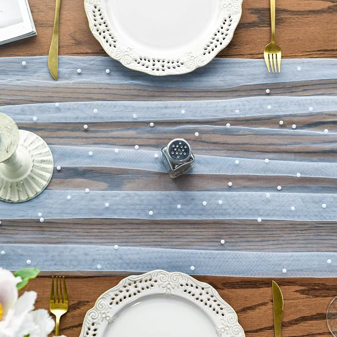 Artoid Mode Pearl Blue Gauze Table Runner 120 Inch 10FT, Seasonal Sheer Dining - Image 2