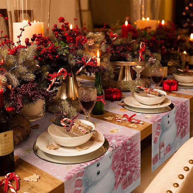 Pink Christmas Snowman Table Runners 60 Inches Long, Cotton Linen Fabric - Image 2