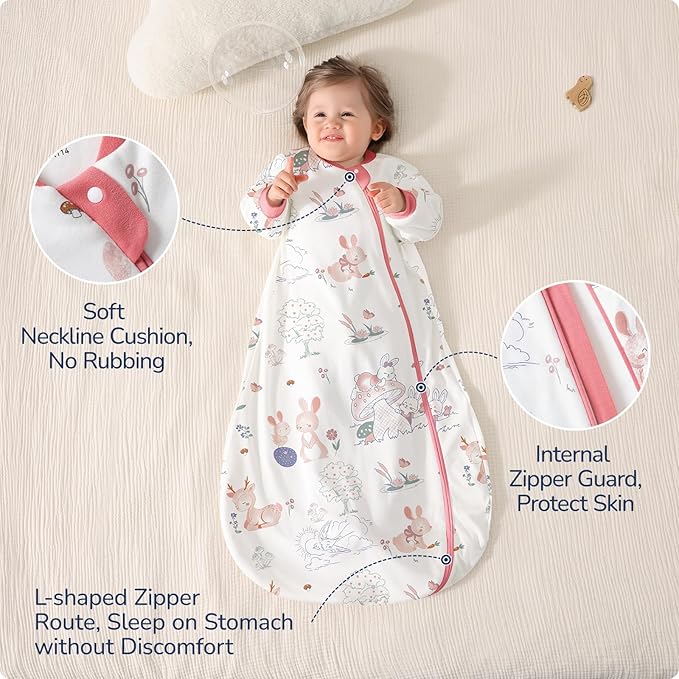 Baby Sleep Sack 6-12 Months, Cotton Detachable Long Sleeve Sleep Sack, 2.5 Tog Toddler Sleeping Sack with Temperature Strips, 2-Way Zipper Wearable Blankets for Newborns, Bunny