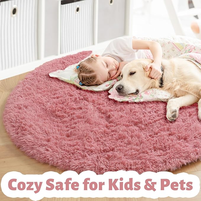 Blush Pink Big Round Rug 8Ft for Kids Bedroom, Large Fluffy Fuzzy Furry Circle - Image 2