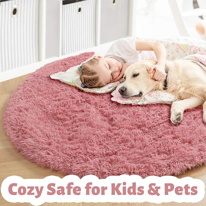 Blush Fluffy Round Rug 5Ft for Bedroom, Fuzzy Plush Circle Area Rugs for Baby - Image 3
