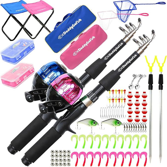 DaddyGoFish Kids Fishing Pole - Rod Reel Combo Tackle Box Starter Set - First Year Small Dock Gear Kit for Boys Girls Toddler Youth Age Beginner Little Children Junior Anglers Older Kids