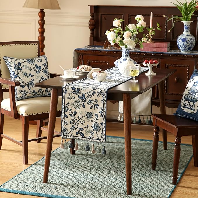 bilin gaier Designer French Linen Extra Long Table Runner, Floral Pattern - Image 9