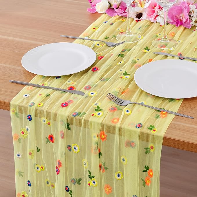 BINBE 3pcs Daisy Spring Table Runner Embroidery Gauze 10FT Florals Seasonal by BINBE