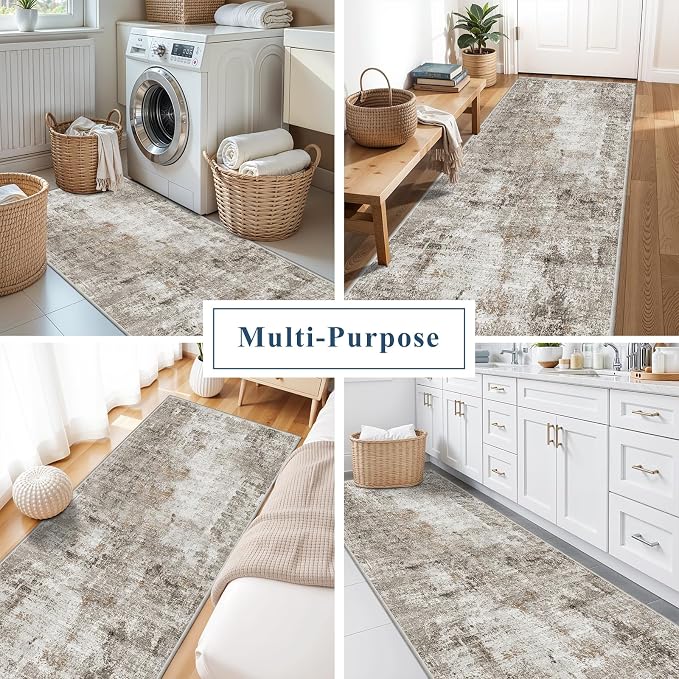 3x7 Washable Non-Slip Kitchen Runner Rug – Modern Abstract Neutral Beige & Gray - Image 3