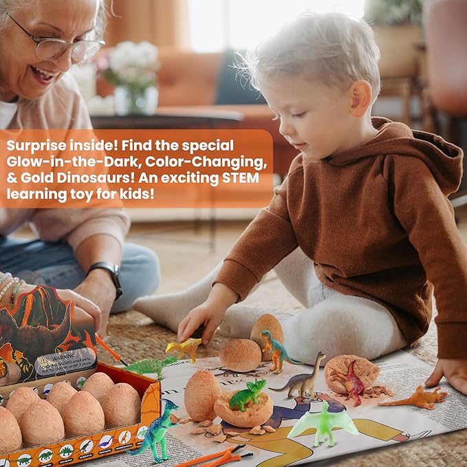 Dino Eggs Excavation Dig Kit-12 Unique Dinosaur Eggs with Educational Learning Cards -Easter Eggs STEM Science Activities - Educational Toy Gift for Kids Boys Girls Age 3+