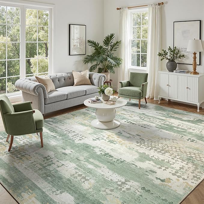 DCX Abstract Area Rug 9x12, Washable Sage Green Modern Rug - Image 6